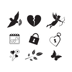 Valentine's Day love symbols, black and white sketch, romantic icons, hearts, flowers.