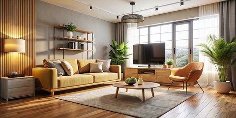 Fototapeta premium Modern Simple Living Room Interior Design with Sofa and TV - Stylish Home Decor Stock Photo