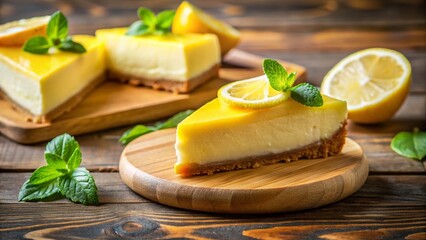 Delicious Lemon Cheesecake Slice on Rustic Wooden Board