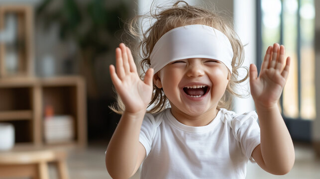 Blindfolded Child Clapping with Joy and Accomplishment