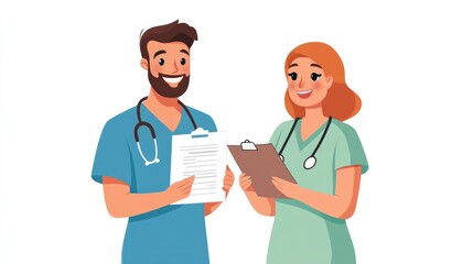 Fototapeta premium Smiling doctors reviewing patient chart.