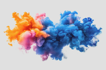 A dynamic distribution of blue, orange, pink, and yellow mixed to form clouds on a white background.