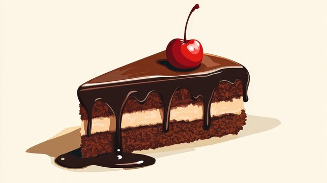 A vibrant clipart of a chocolate cake slice with dripping fudge and a cherry on top - Powered by Adobe