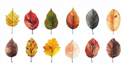 Fototapeta premium Colorful Autumn Leaves Collection on White Background