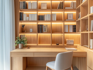 a Nordic-inspired home office with a clean, simple desk and a sleek minimalist chair with built-in bookshelves