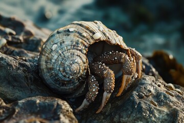 Hermit crab navigating rocky tide pool under harsh sunlight