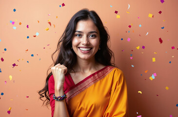 Happy successful young indian woman in a saree, celebrating with her fist raised, isolated on a solid background with confetti