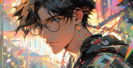 Contemplative Young man in city, featuring a thoughtful bead shirt, finger on mouth, gazing upwards against a vibrant city backdrop.