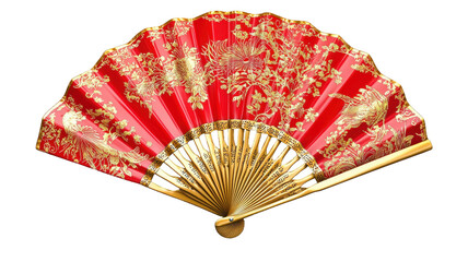 Elegant red and gold hand fan with intricate peacock and floral design, isolated on white background. Perfect for adding an Asian or Chinese cultural element to your designs.