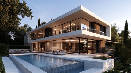 Fototapeta premium High Class Architectural Home with a Pool and Relaxing Terrace Views
