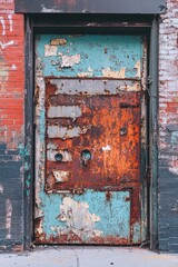 A vibrant close-up of peeling paint and rusted metal on a forgotten warehouse door
