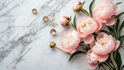 Pink Peonies and Stems on a Marble Background with Interior Design Objects. Florist or home Decor Copy Space.