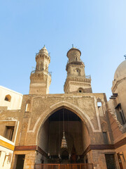 Islamic architecture of Minaret on a mosque in the Qalawun Complex in old Cairo, Egypt