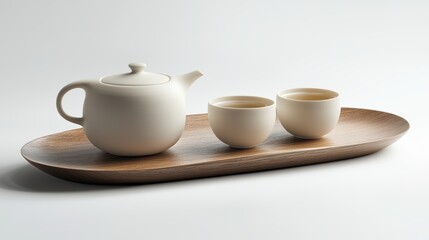 Fototapeta premium Serene Tea Ceremony: A minimalist tea set on a wooden tray, perfect for a peaceful moment.