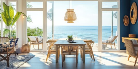 A vibrant coastal dining room with floor-to-ceiling windows, allowing natural light to illuminate nautical decor