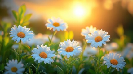 Fototapeta premium Beautiful Spring and Summer Natural Landscape with Bright Daisies Under a Sunset Sky in a Vibrant Floral Field