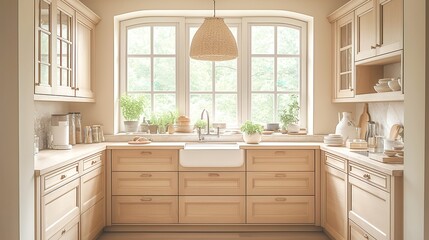 Warm wooden cupboards, inviting kitchen ambiance, rustic charm, organized storage, homey atmosphere, perfect blend of functionality and aesthetic appeal, enhances culinary experiences.