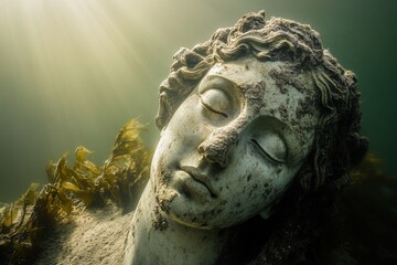 Detailed image of algaecovered Greek statue submerged underwater