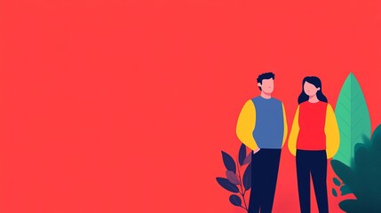 A vibrant, minimalistic illustration featuring a couple standing together, set against a bold red background with green foliage.