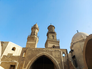 Islamic architecture of Minaret on a mosque in the Qalawun Complex in old Cairo, Egypt