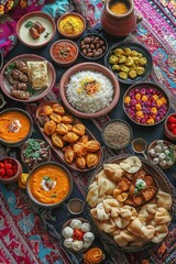 A vibrant depiction of a Diwali feast table filled with traditional dishes and sweets