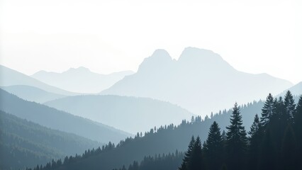 Obraz premium Misty mountain peaks rise majestically, with a lush, shadowy forest cradling their base. A gentle mist blankets the scene, enveloping the landscape in an ethereal glow. The sun breaks through, casting