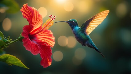 Hummingbird Feeding on Red Flower in Vibrant Nature