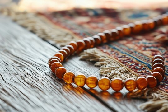Close-up of an amber misbah rosary lying on a richly patterned rug. Holy month of Ramadan.