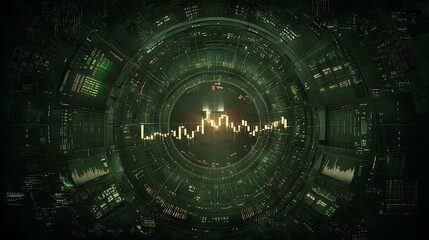Abstract digital interface with green tones displaying data visualization and analytics