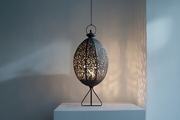 glossy studio shot of decorative balinese lantern hanging on sleek stand positioned on spotless white surface