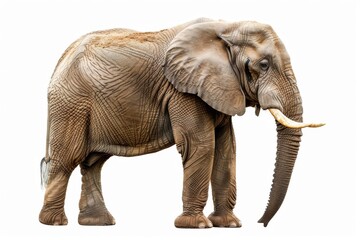 Obraz premium A large elephant stands majestically, showcasing its wrinkled skin, long trunk, and impressive tusks in a natural pose.