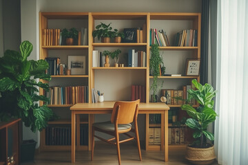 a Nordic-inspired home office with a clean, simple desk and a sleek minimalist chair with built-in bookshelves