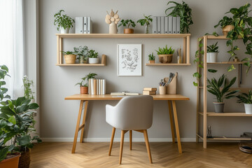 a Nordic-inspired home office with a clean, simple desk and a sleek minimalist chair with built-in bookshelves