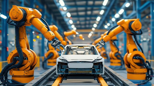 High tech robots assembling vehicle in an advanced manufacturing facility focusing on modern automation and efficiency