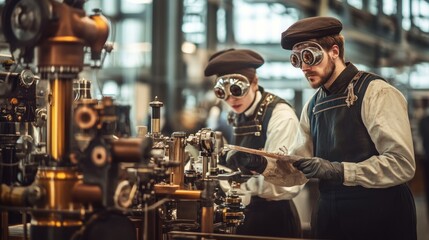 Steampunk couple working on complex machinery in industrial setting.