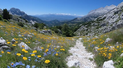 Mountain Pathway Through Wildflower Meadow with Distant Peaks Under Clear Blue Sky
