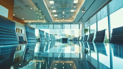 Obraz premium A modern conference room featuring a sleek glass table, stylish chairs, and large windows letting in natural light.