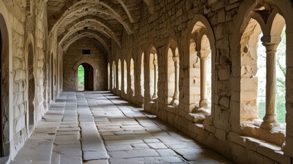Fototapeta premium Peaceful stone corridor with arches and natural light creating a serene atmosphere