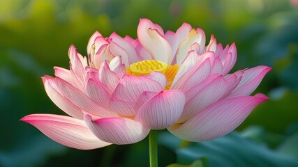 Obraz premium Vibrant pink lotus flower in serene aquatic setting, symbolizing beauty and tranquility, ideal for wellness and nature themes