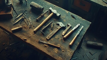 A vibrant flat lay of old hand tools: a hammer, chisel, and wooden-handled screwdrivers on a workbench