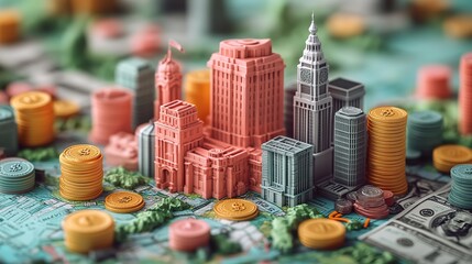 Cubes, coins, and money are depicted in a 3D cartoon-style illustration, representing finance, global economic transactions, international trade, and commercial exchange