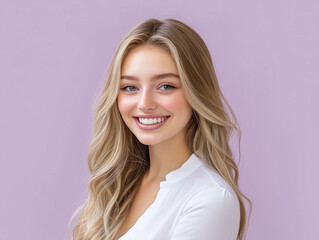 a smiling woman showcasing her long, perfectly groomed blonde hair. for a hair care product banner 