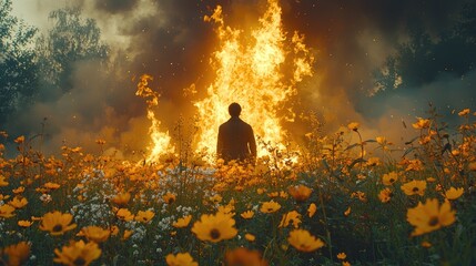 Cinematic Scene of Man in Dark Field with Burning Head, Surrounded by Smoke and Haze