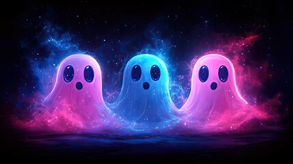 Cute cartoon ghosts in bright neon pink and blue colors, set against a dark background for a playful Halloween vibe