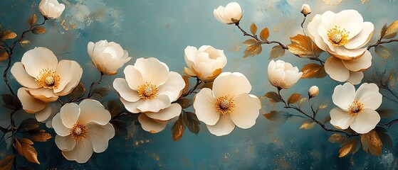Exquisite Cream Flowers in a Teal Floral Art Painting