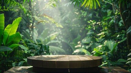 Wooden product display podium in jungle forest