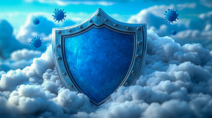 Fototapeta premium Shield protecting against viruses in a cloud-filled sky during a sunny day