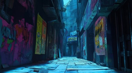 Obraz premium A vibrant image of a deserted alleyway filled with shadows, graffiti, and remnants of old posters