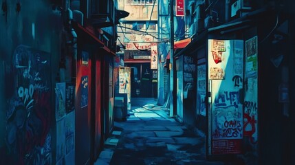 Naklejka premium A vibrant image of a deserted alleyway filled with shadows, graffiti, and remnants of old posters
