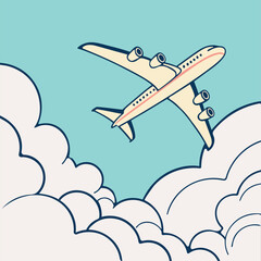 Airplane Flying Through Clouds - Travel Vector Illustration